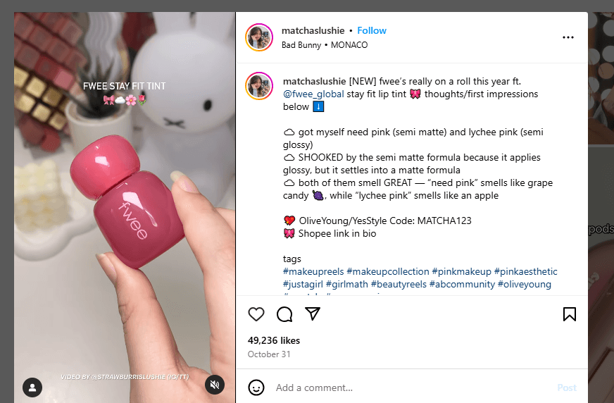 Instagram Video Length: A Guide for Posts, Stories, and Reels 6 A Screenshot of an Instagram In-Feed Video Post By @matchaslushie