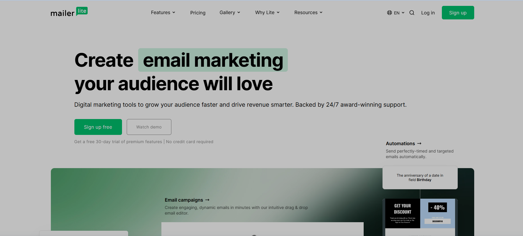 MailerLite’s Landing Page