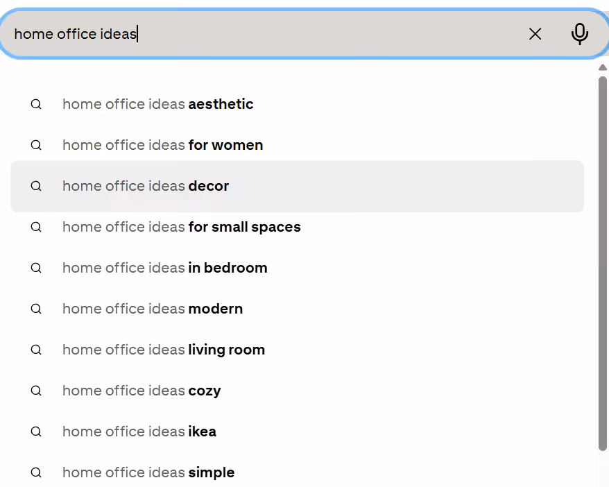 Pinterest Search Showing Auto-Suggested Keywords for User Query