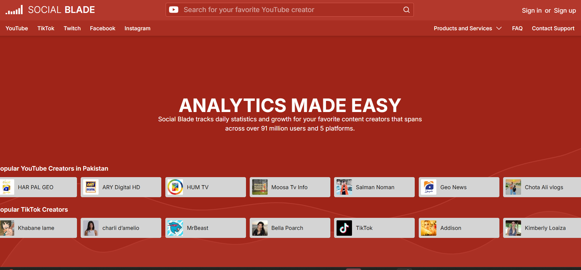Social Blade Landing Page