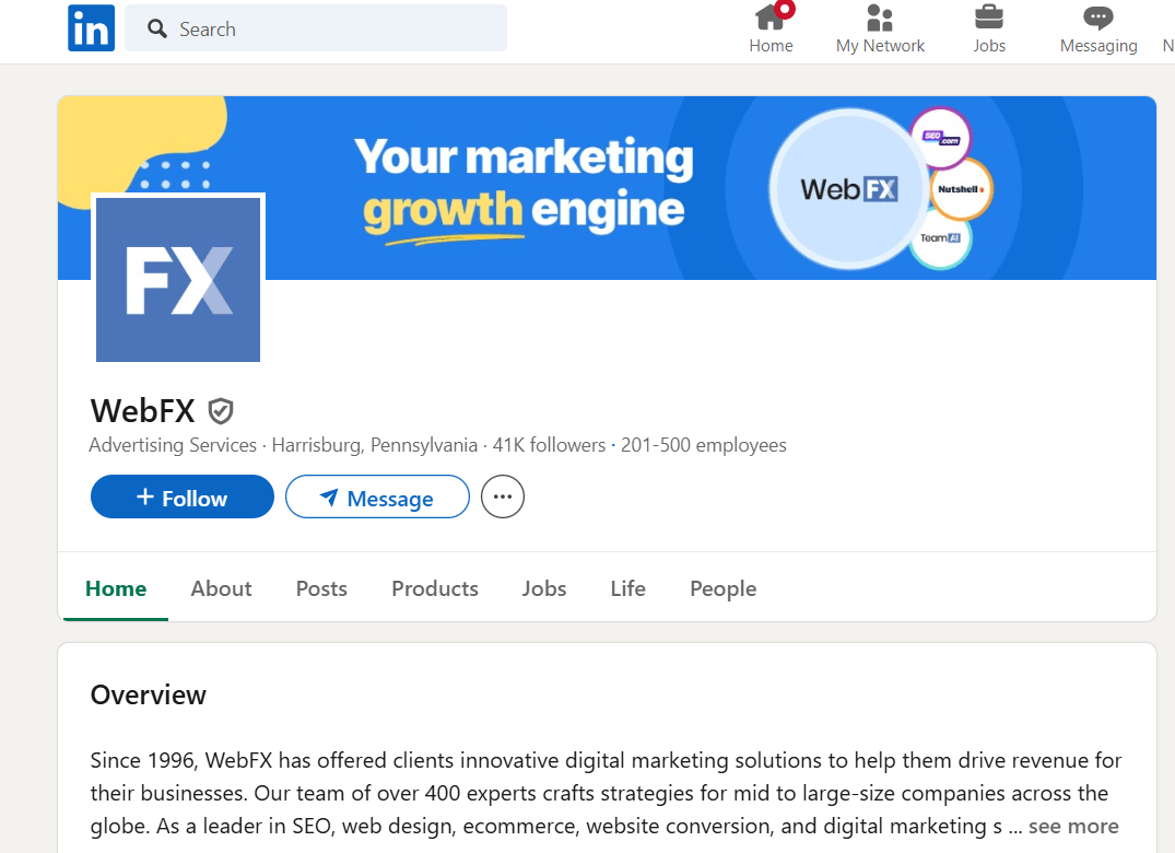 Social Media for Marketing Agencies: Complete Guide for 2026 8 WebFx’s Linkedin Profile