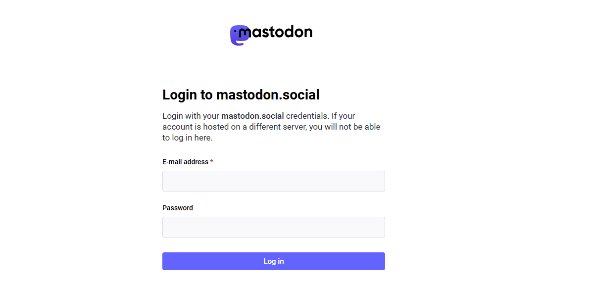 Mastodon vs Twitter (X): Detailed Comparison Guide in 2026 6 A screenshot of the Mastodon login page, highlighting the platform's focus on decentralized social networking.