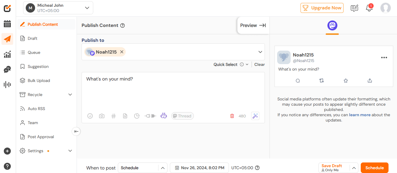 Mastodon vs Twitter (X): Detailed Comparison Guide in 2026 8 A screenshot of Social Champ showing options to create new posts, schedule posts, preview posts, and select social media platforms.