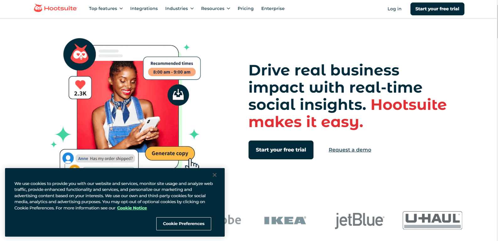 Social Media Posting Platforms: Choosing the Best Tool for Your Business 12 Hootsuite's Landing Page