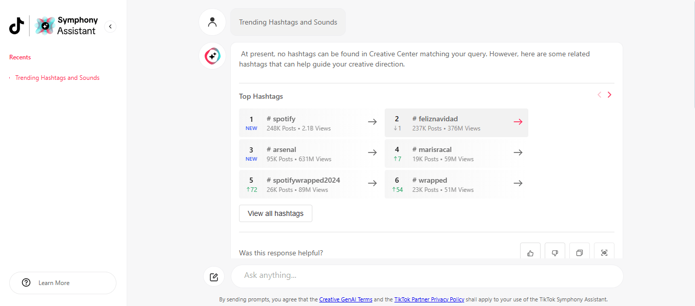 TikTok Creative Center: Your Ultimate Guide to Success in 2026 7 A Screenshot of the TikTok Symphony Assistant Interface, Displaying a List of Trending Hashtags and Sounds