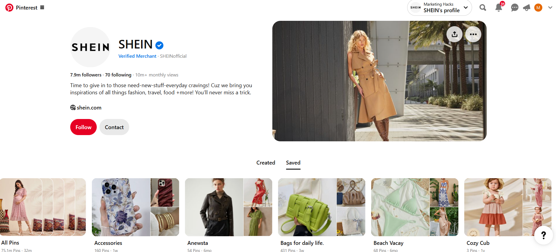 A Screenshot Showing Shein's Pins for Pinterest