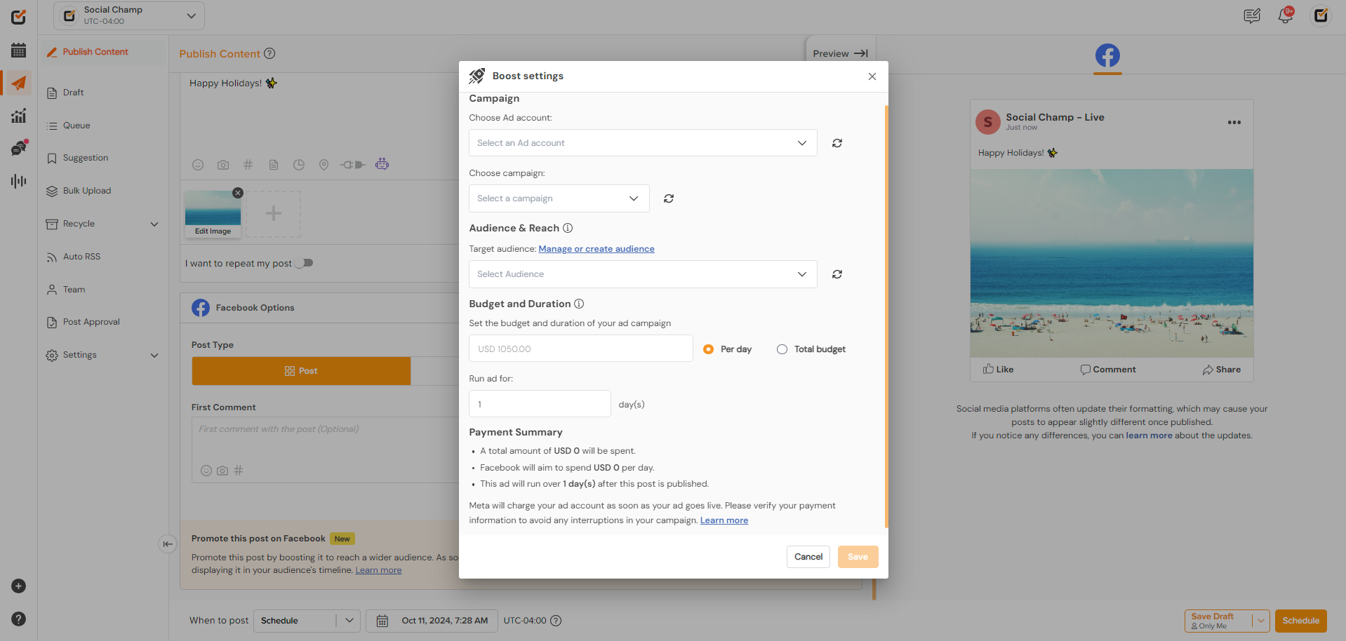 Social Champ's Boost Post Feature