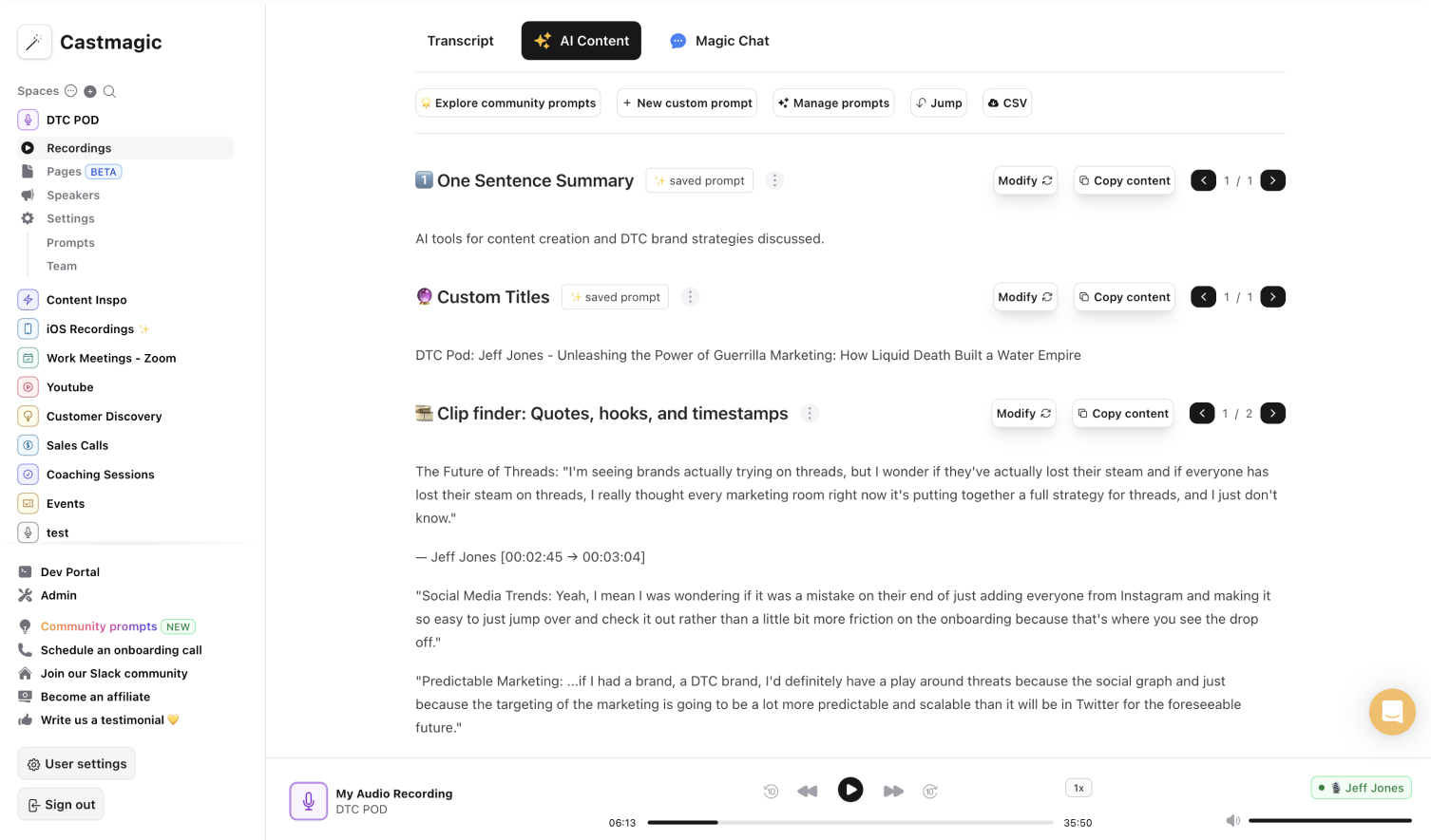 Castmagic’s Dashboard