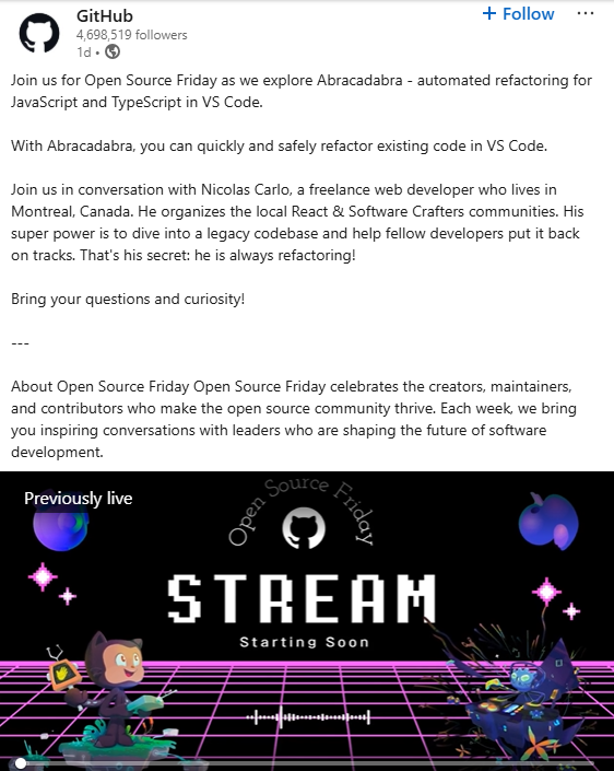 The LinkedIn Post of the Demo Webinar by GitHub