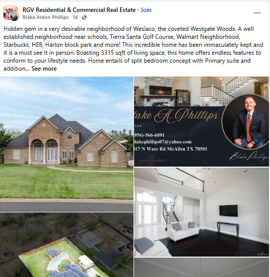Example of a Facebook Post of a Realtor 