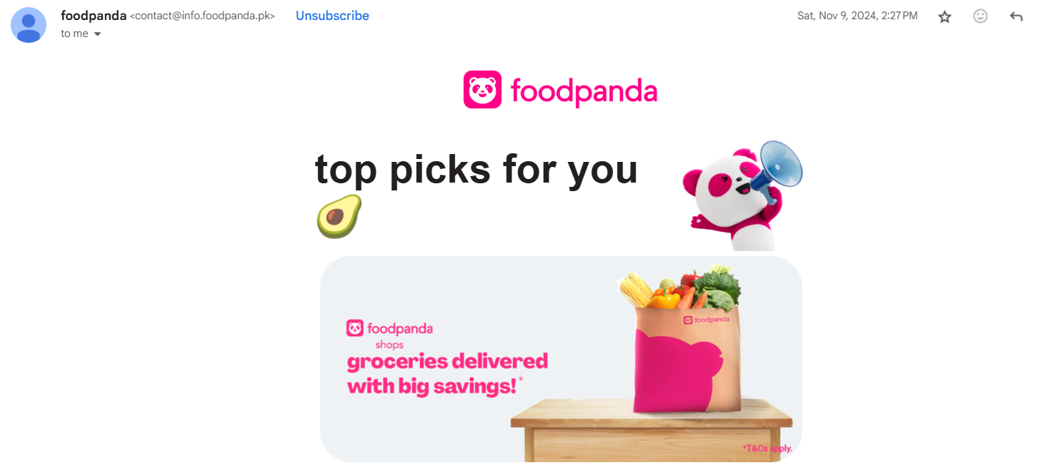 Screenshot of Foodpanda Email