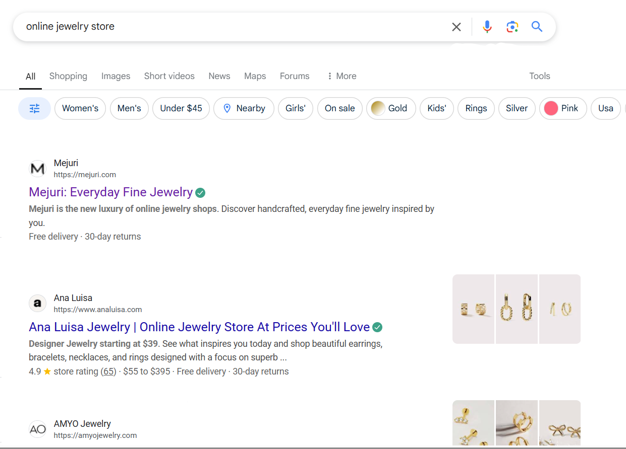 Top Stores on Google for Online Jewelry Store Keyword