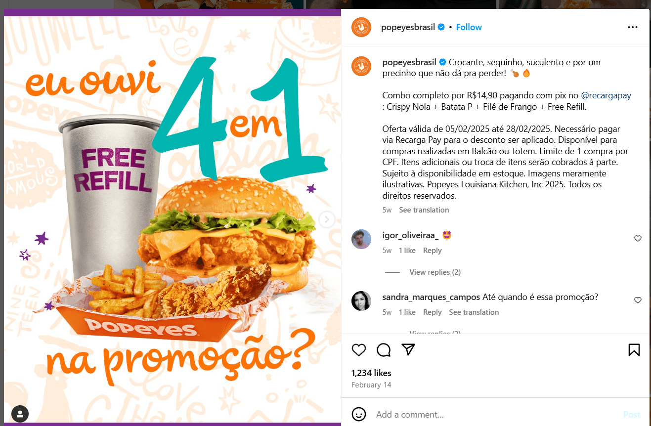 Franchise Social Media Marketing Guide: 15 Best Practices for Franchisors and Franchisees 12 Screenshot of Popeyes Brazil Instagram