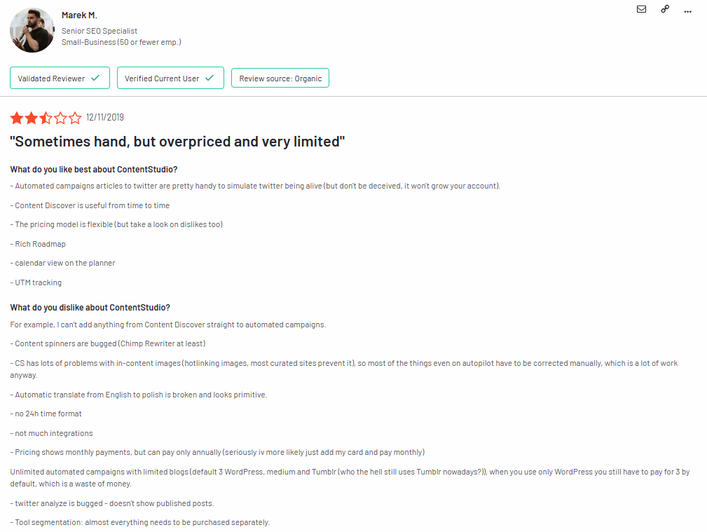 a contentstudio user review of its pricing and features