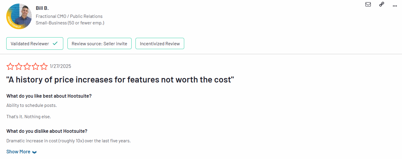 a frustrated hootsuite user review on g2