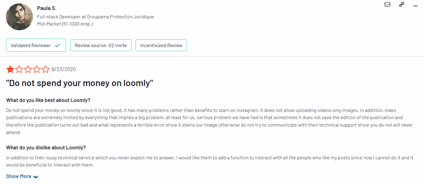 a loomly user advised other users not to spend money on this tool
