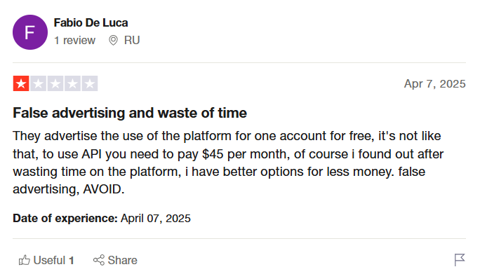 a metricool user reviewed with a 1-star rating on trustpilot
