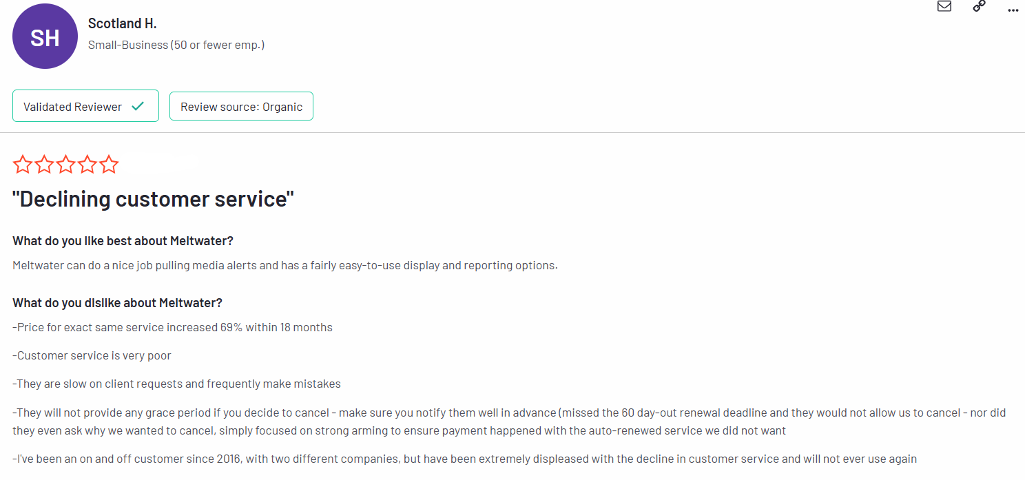 a review for metlwater's customer support on g2