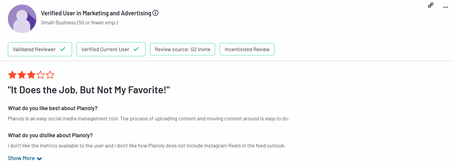 a verified review for planoly on g2