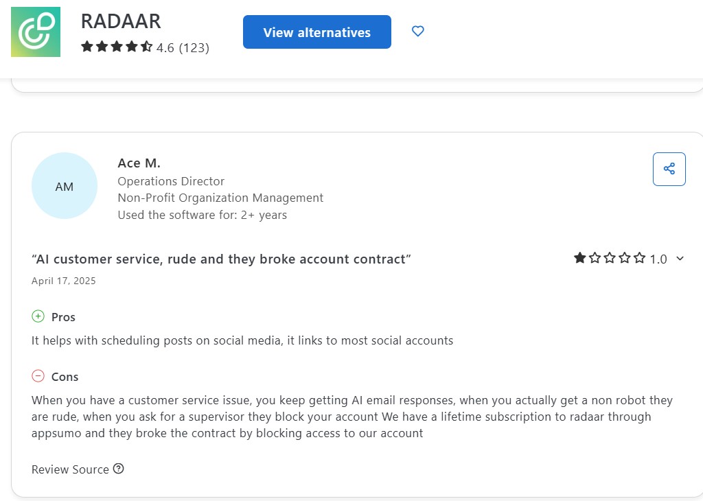 Ace’s Review for Radaar Tool on Capterra