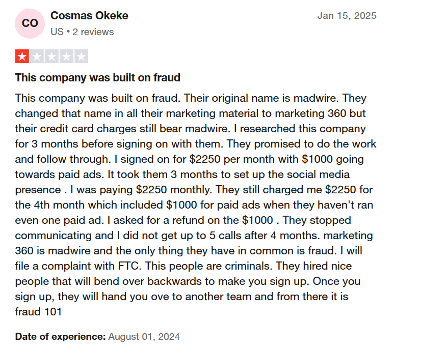 Cosmo Okeke’s Review for Marketing 360 on Trustpilot