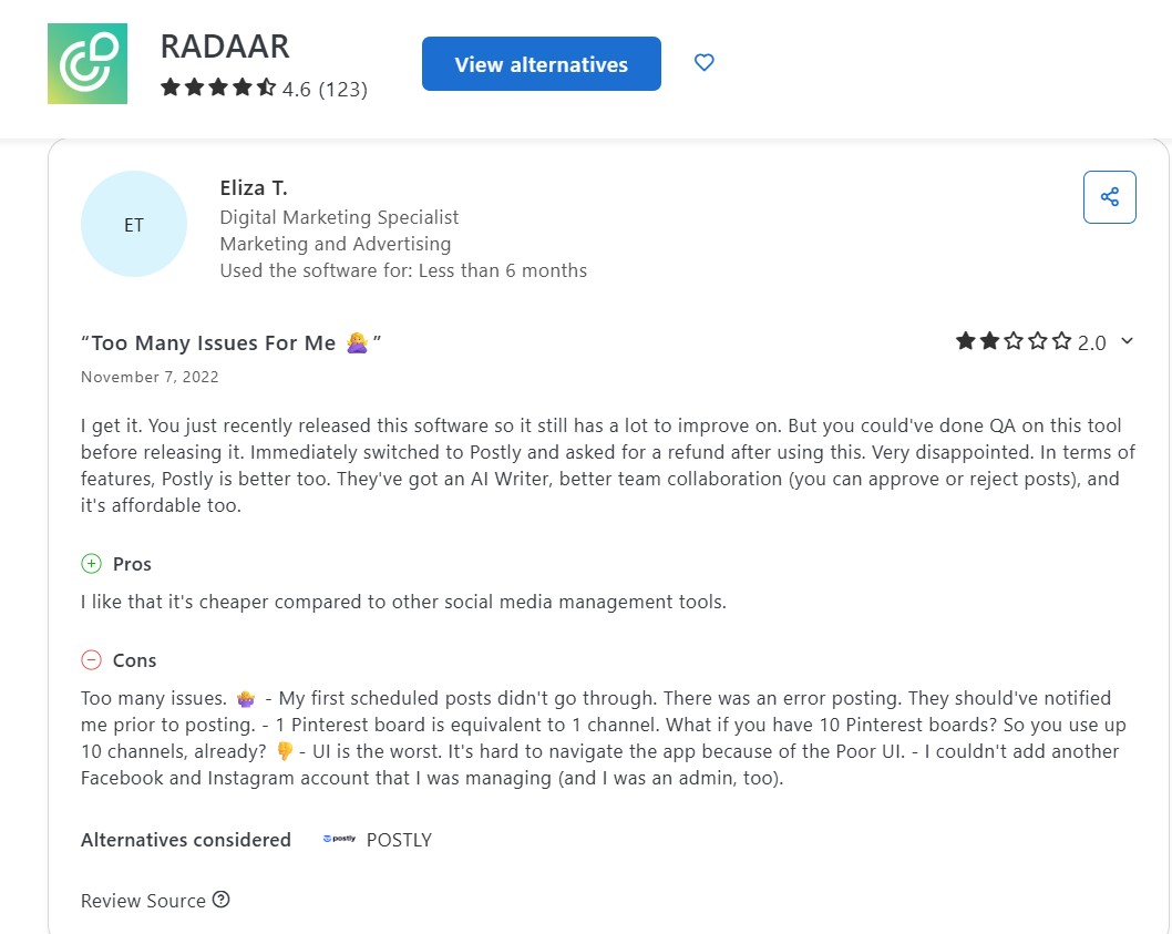 Eliza's Review for Radaar Tool on Capterra