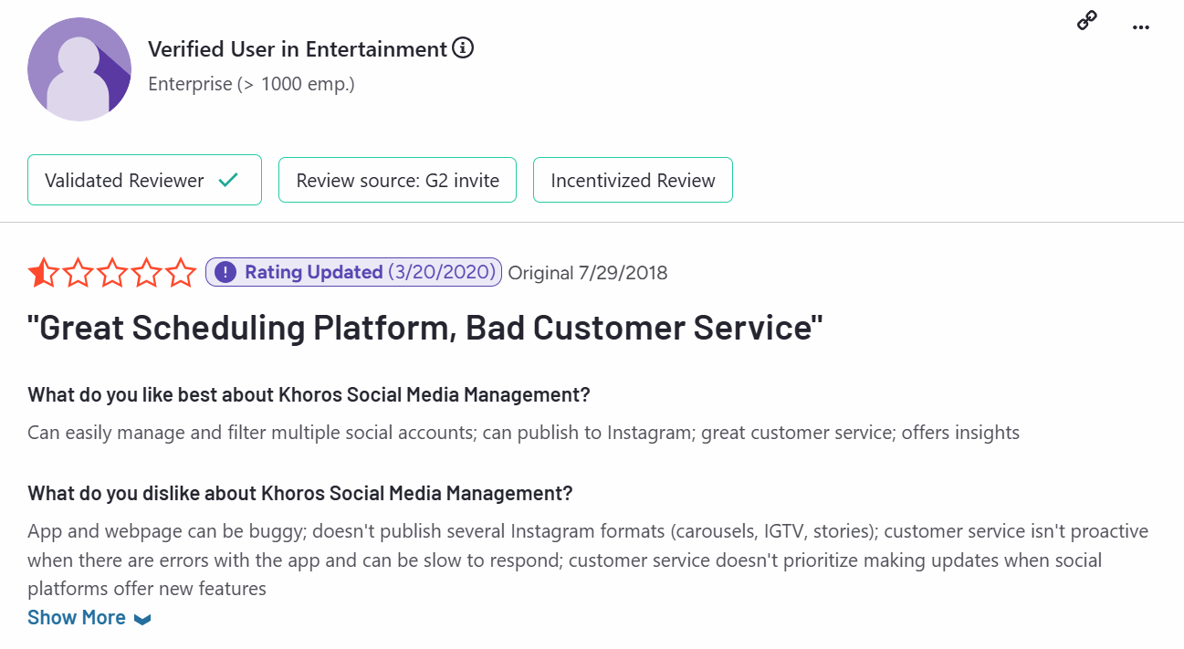 Khoros Review on G2 by a User Working in Entertainment