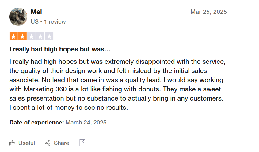 Marketing 360’s Review by Mel on Trustpilot