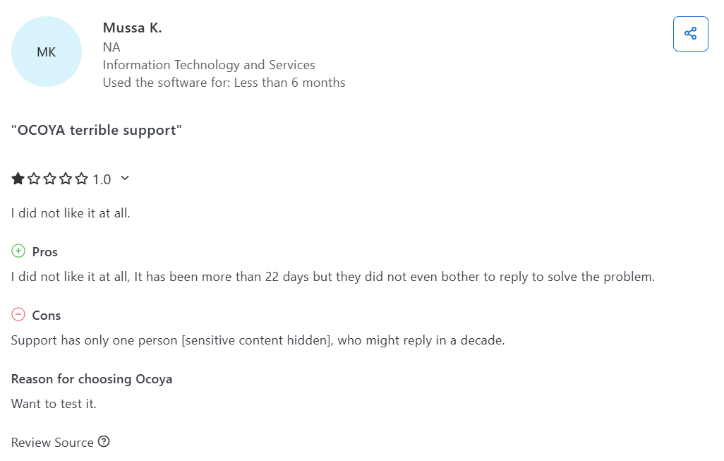 A Review for Ocoya's Customer Support on Capterra