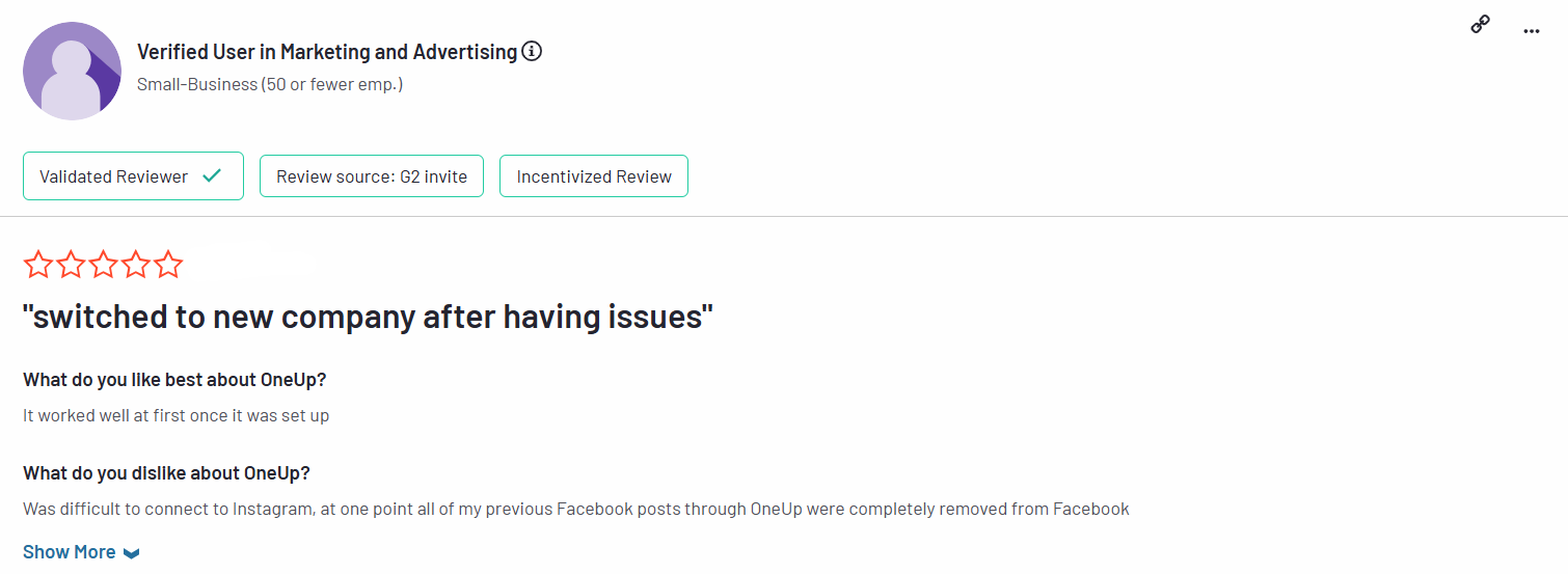 A Negative Review for OneUp on G2