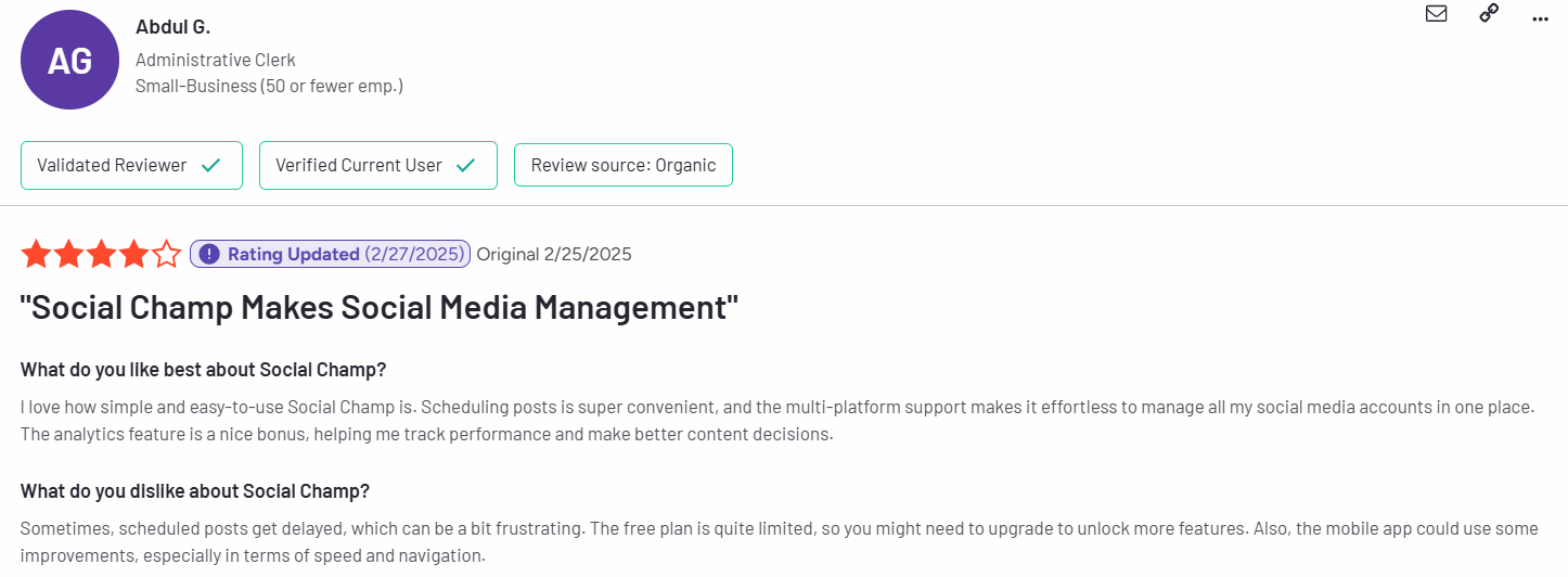 A Social Champ User Reviewed Its Ease of Use, Multi-Platform Support, and Analytics