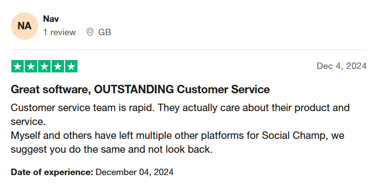 A Review for Social Champ's Customer Support on Trustpilot