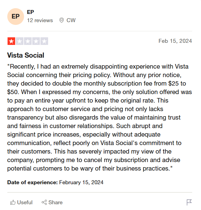 A Negative Review for Vista Social on Trustpilot