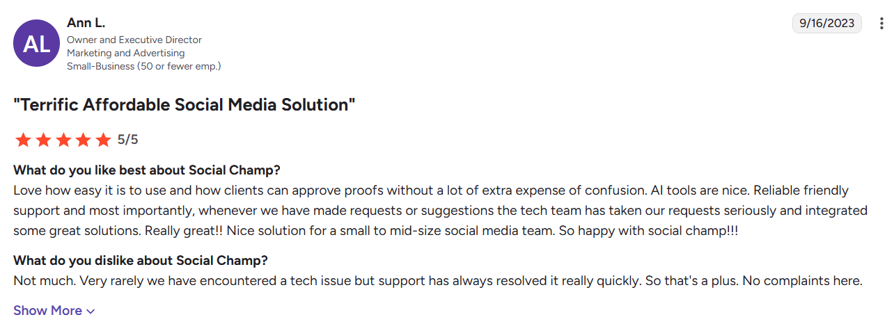 A Social Champ User Praised Its Affordability
