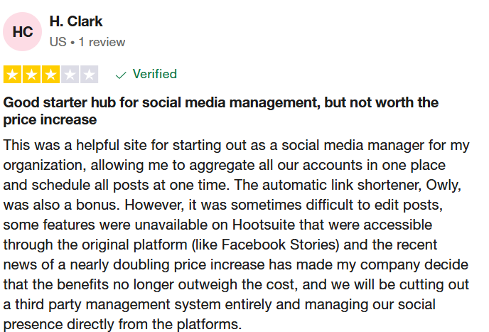 a review for hootsuite on trustpilot