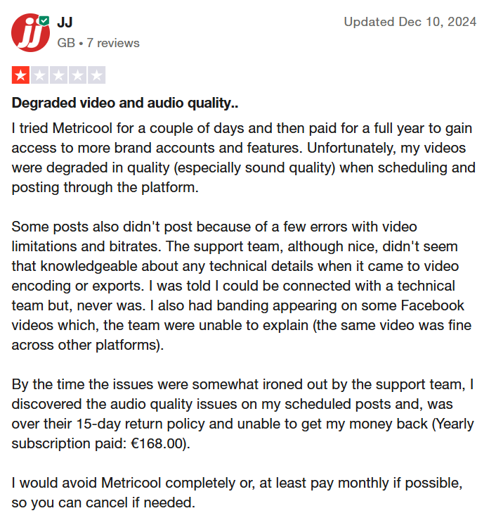 a user gave 1 star rating to metricool on trustpilot