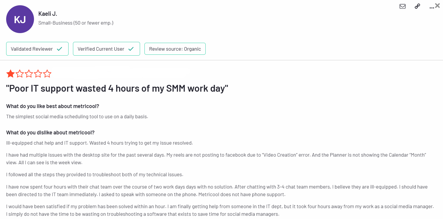 a verified users gave review for metricool on g2