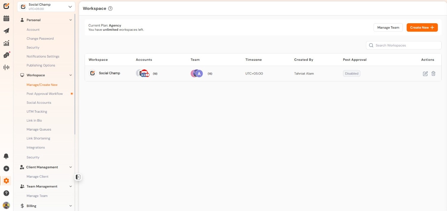 Social Champ's Team Management