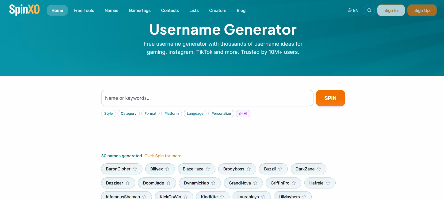 SpinXO Username Generator