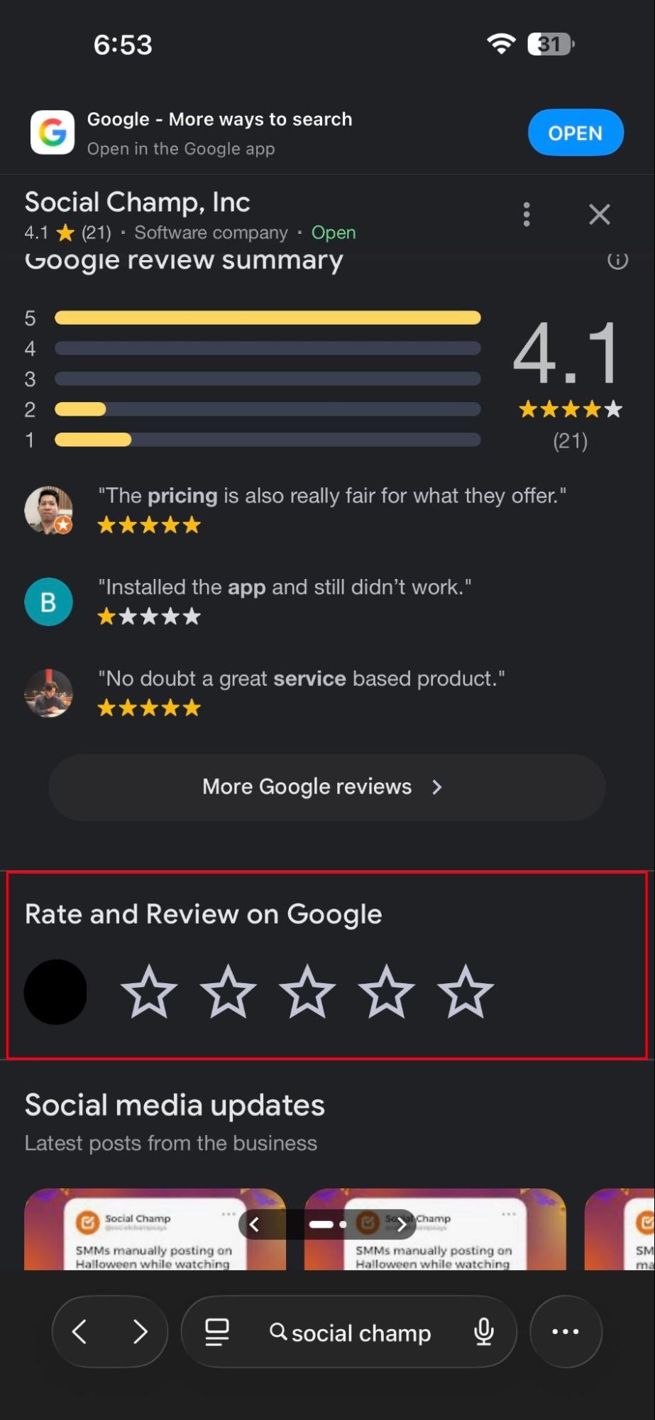 Tap the “Rate and Review on Google” Option