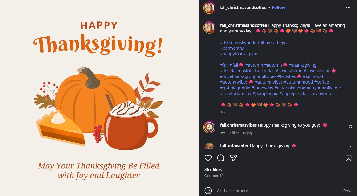 35 Thanksgiving Social Media Posts to Inspire Your 2025 Campaign (With Hashtags, Examples, and Scheduling Tips) 7 An Instagram Post With Thanksgiving-Themed Hashtags