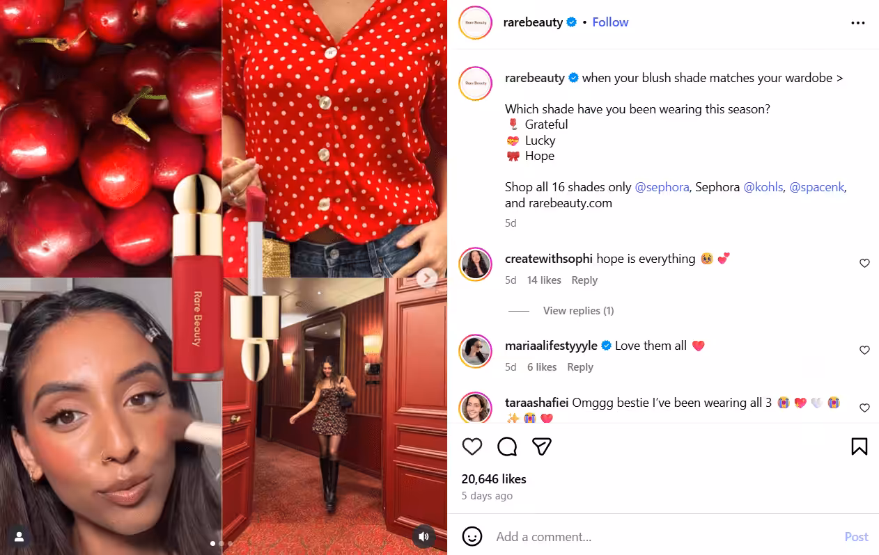What You Can Learn from Rare Beauty Marketing in 2026? 6 Example of UGC Content on Rare Beauty's Instagram Profile