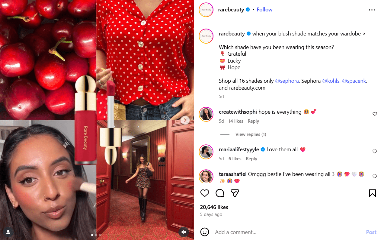 Example of UGC Content on Rare Beauty's Instagram Profile