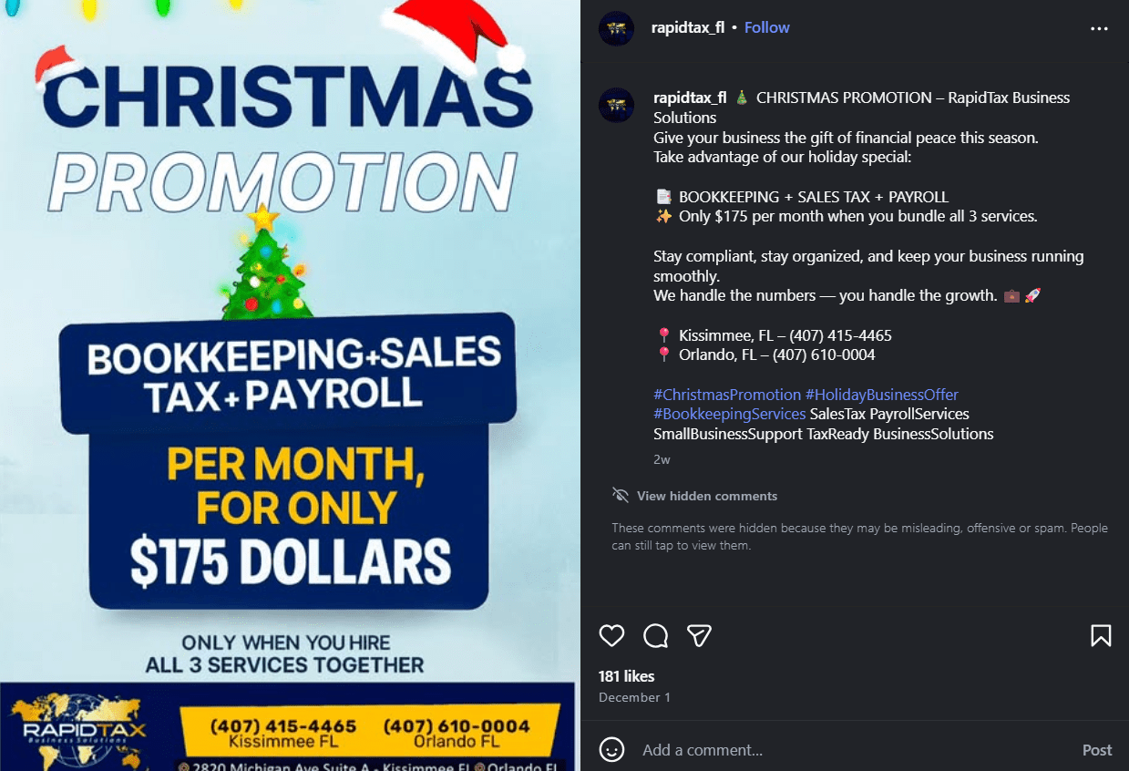 Instagram Post of a Brand Promoting Christmas Offer in Their Social Media Christmas Campaigns