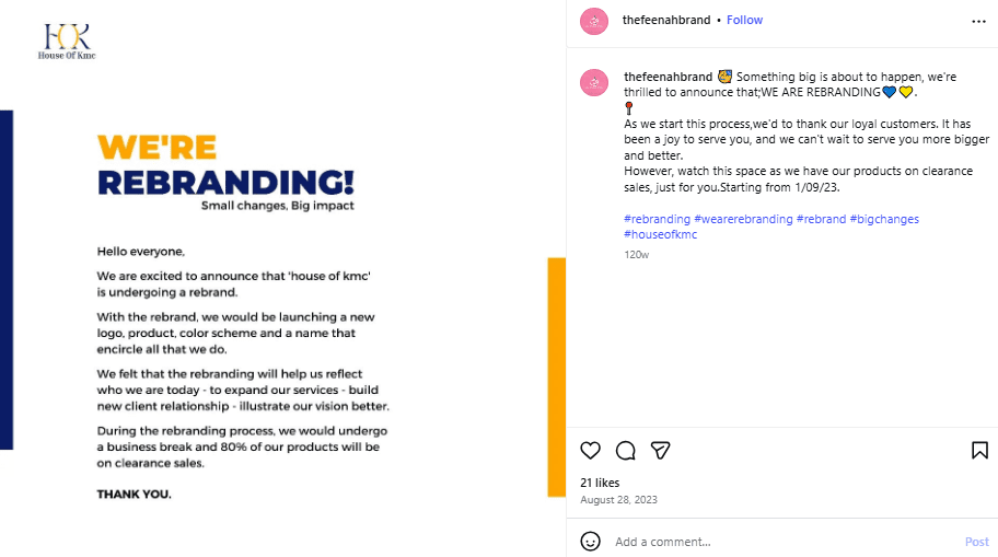 Rebranding Announcement on Instagram