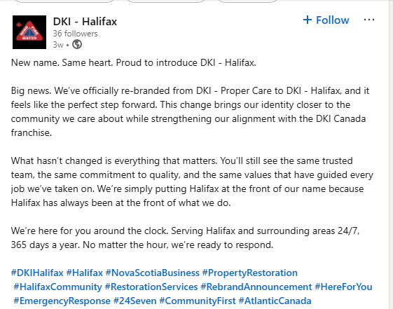 DKI Halifax’s Rebranding Announcement Post on LinkedIn