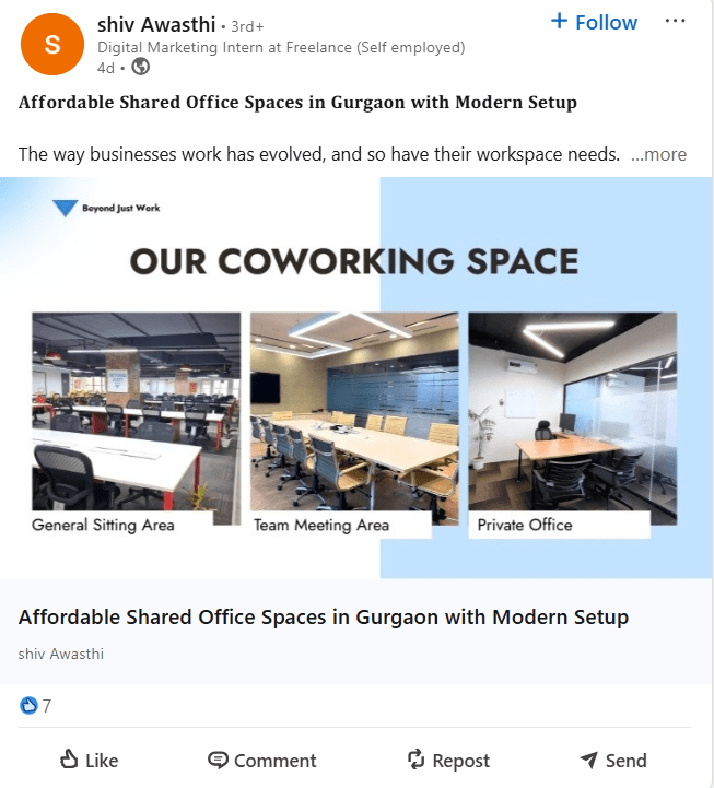 Social Media Marketing for Property Management: A Guide for Mixed-Use Property Managers 9 A LinkedIn Post of Shared Office Spaces