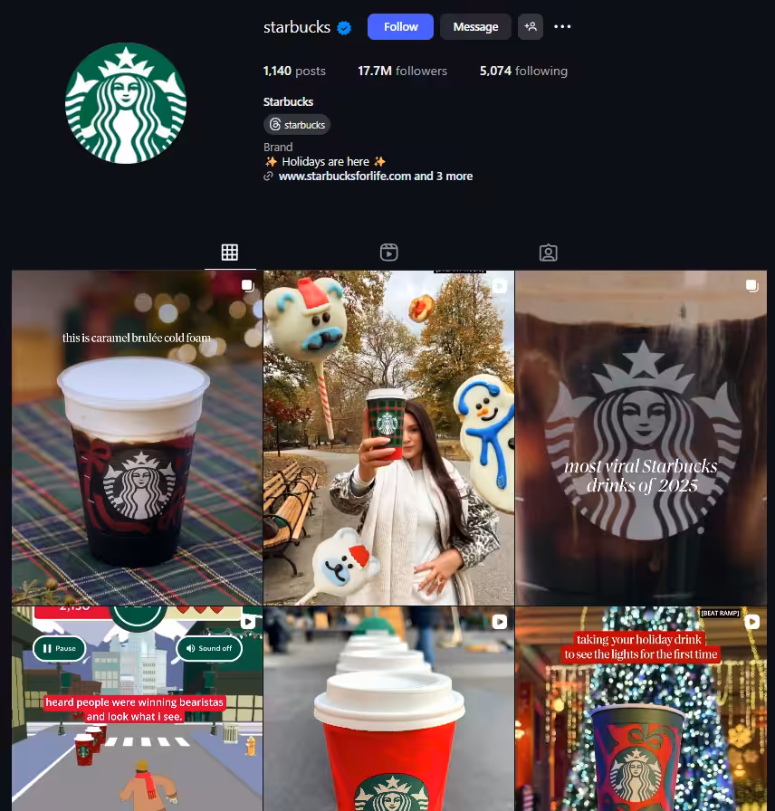 How to Plan and Manage Your Christmas Marketing Campaigns Ahead of Time 6 Instagram Grid Showing Christmas-Themed Posts From Starbucks