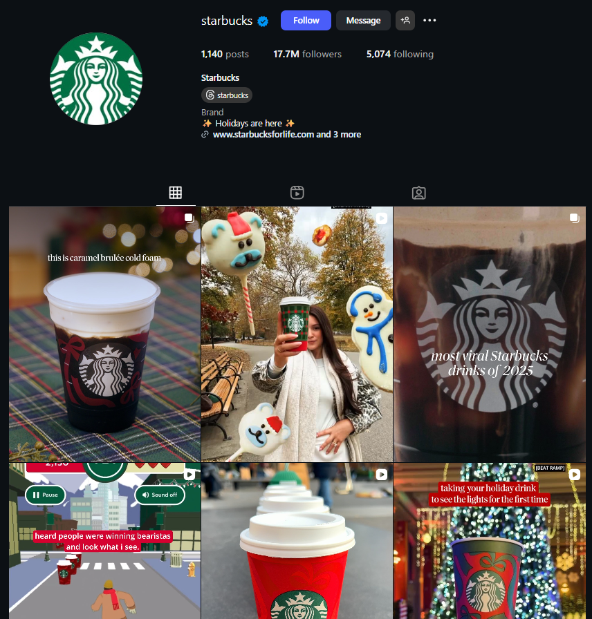 Instagram Grid Showing Christmas-Themed Posts From Starbucks