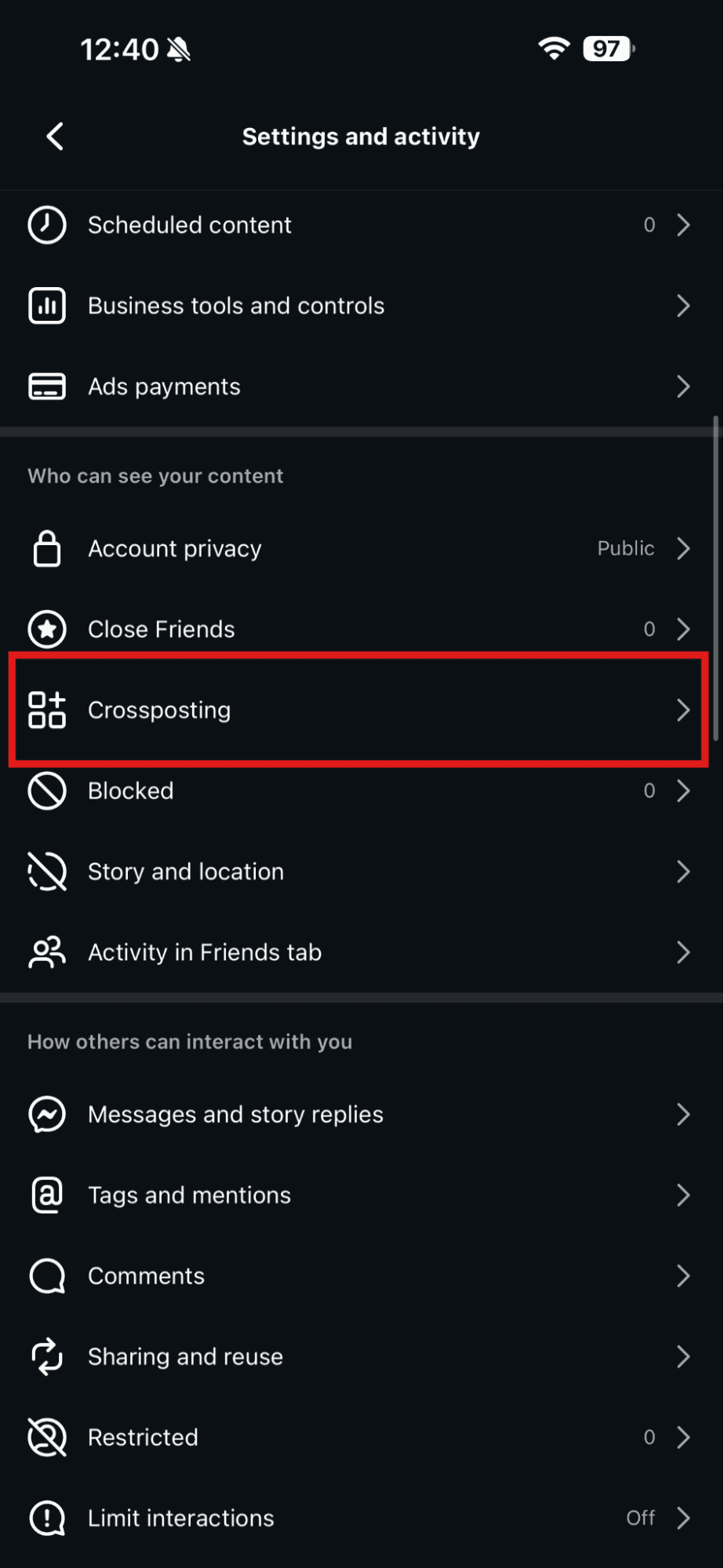 Tap “Crossposting”